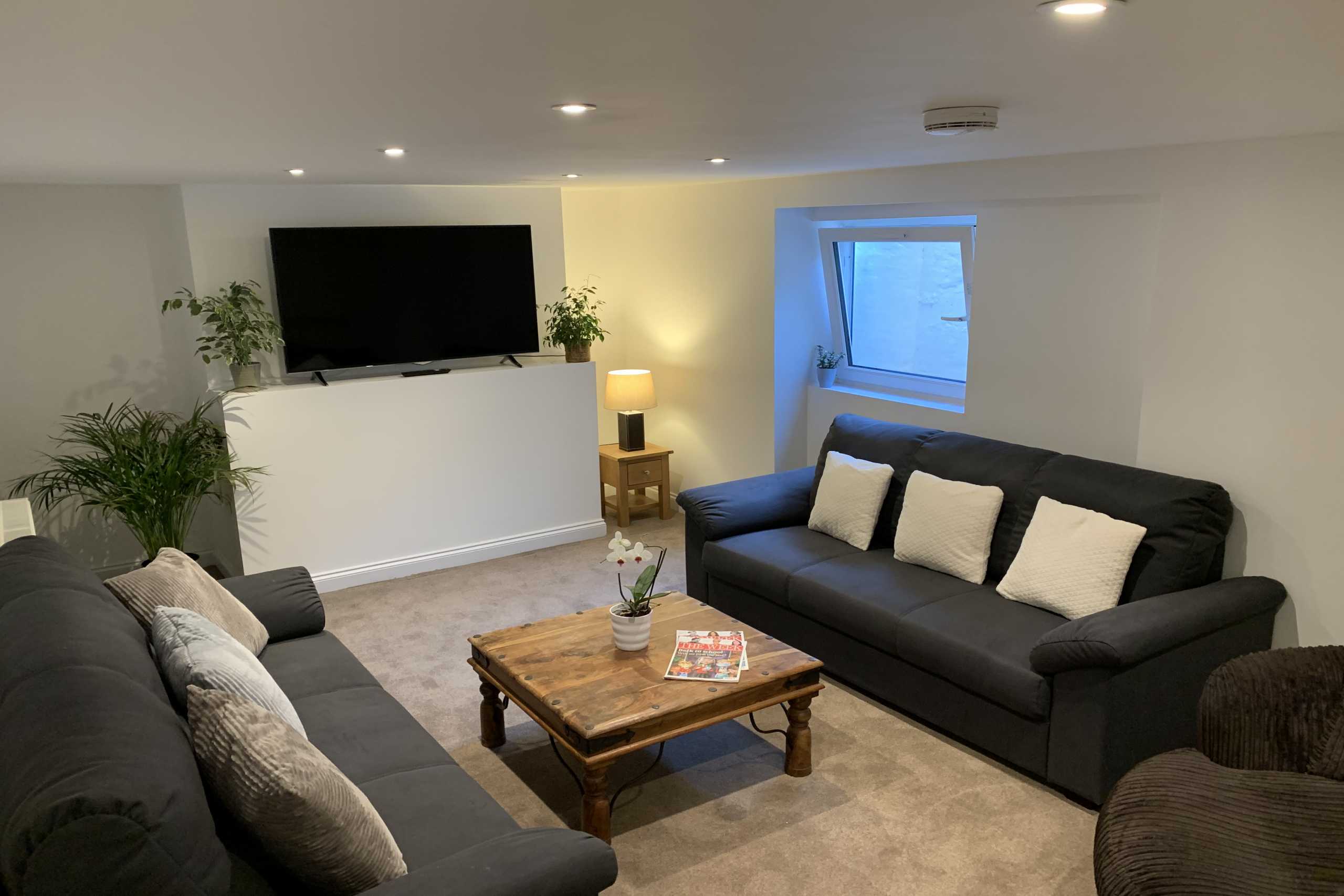 Furnished lounge with sofas, a coffee table, wall-mounted television, plants and a window.
