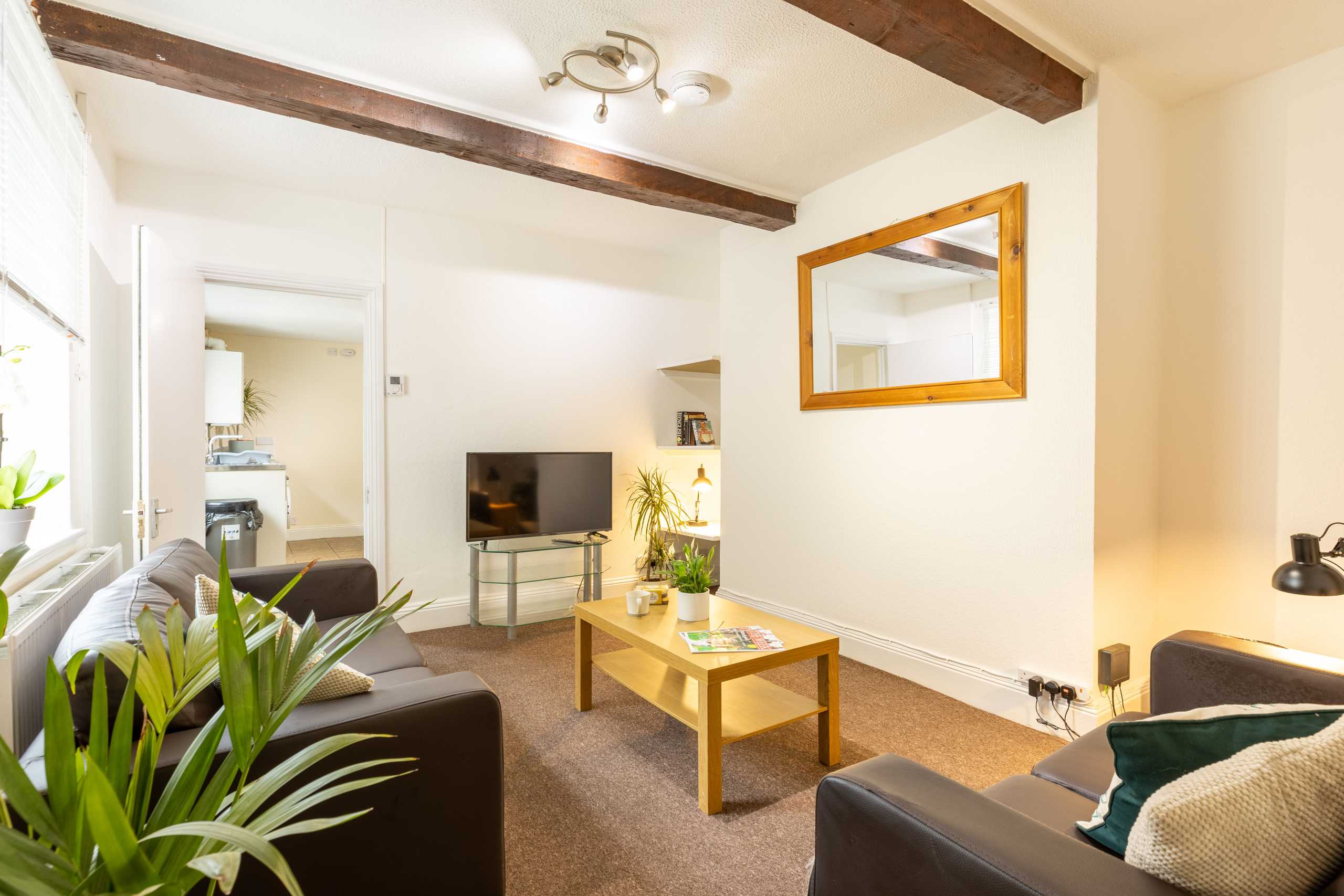 Bright living room with sofas, a coffee table, television, wall mirror, plants, and exposed ceiling beams.