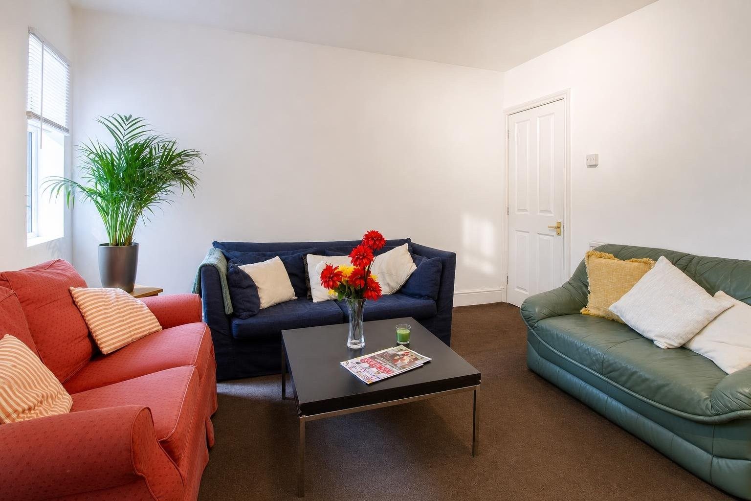 A furnished lounge with three sofas, a coffee table, a potted plant and a closed door.